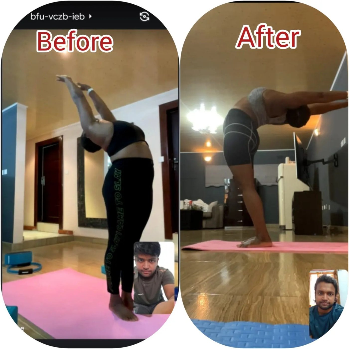A student's own before-and-after comparison showing improved flexibility over months of consistent practice